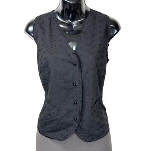 Vintage Sasson Black Embroidered Cotton‎ Vest Medium Lace Trim Tie Back Top